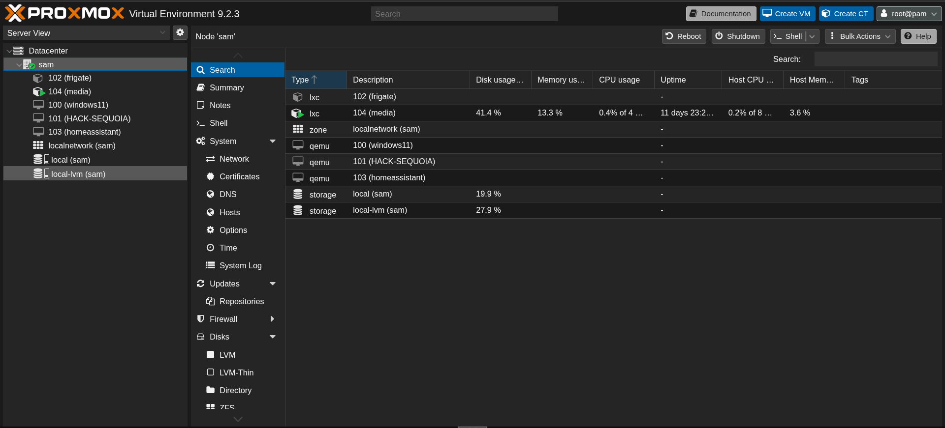 Proxmox VE Dashboard showing frigate, media, homeassistant, and Hack-Sequoia nodes